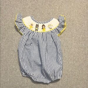 Blue Striped Smocked Beauty and the Beast Romper